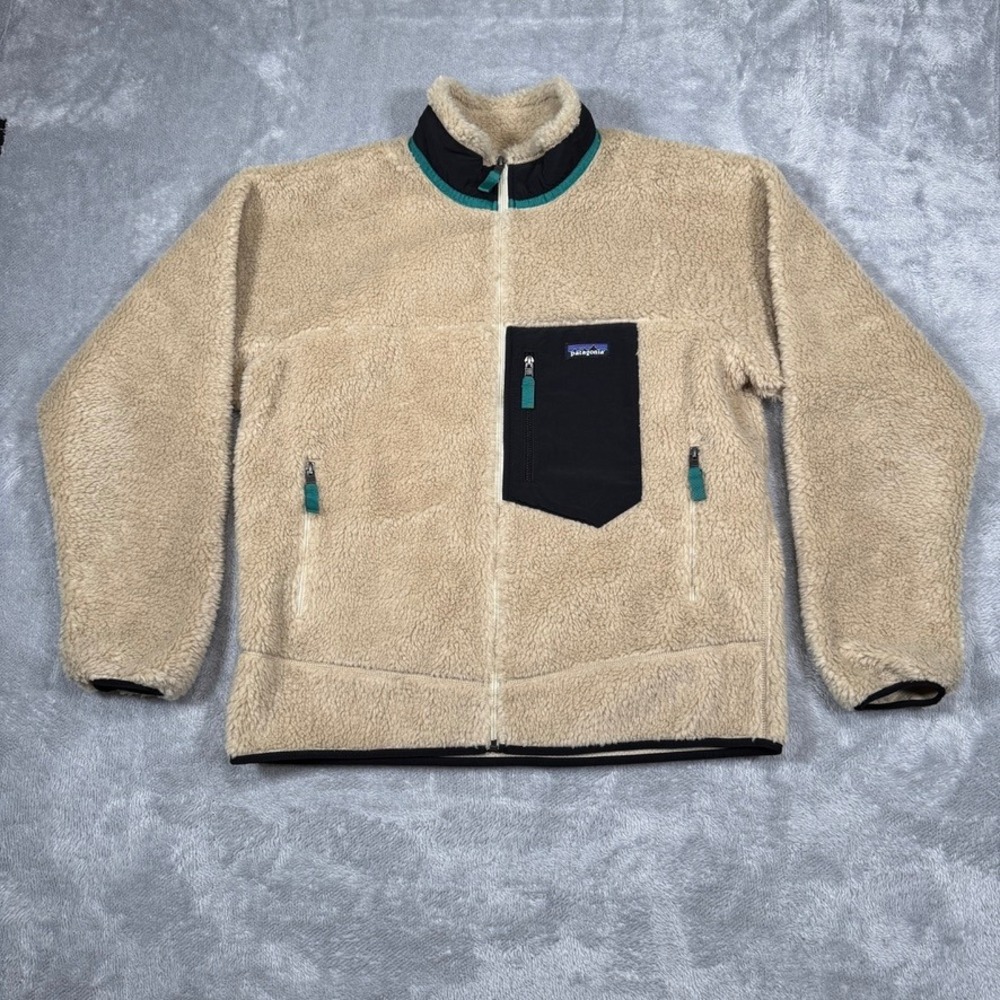 Patagonia Fleece Jacket Mens L Beige Green Classic Retro-X Full Zip Sherpa Pile